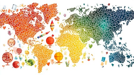 Abstract symbols like books globes in a fragmented mosaic of vibrant gradients create depth leaving room for inspirational or design content