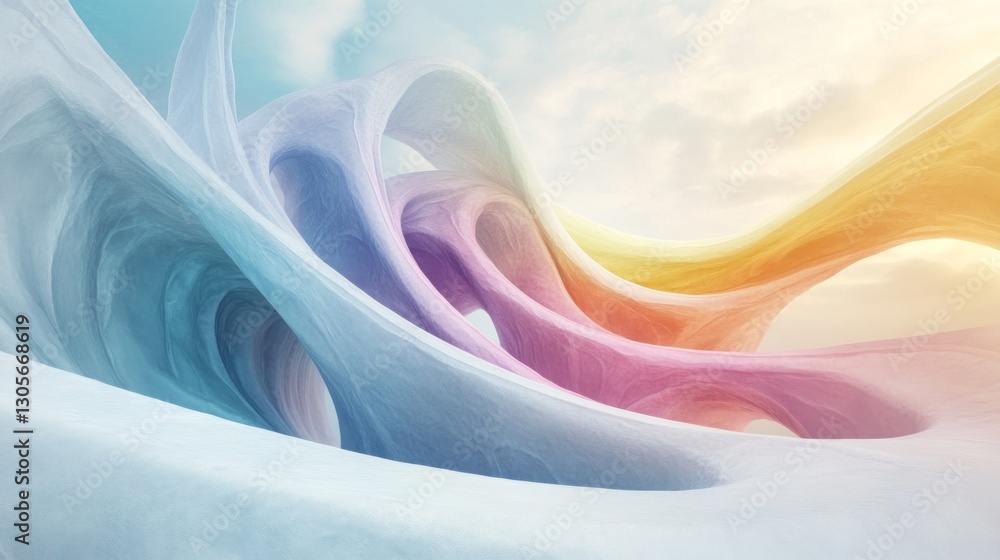 Poster A dreamy and ethereal background with soft, pastel colors and flowing shapes reminiscent of digital art. The scene includes gentle curves and waves that create an atmosphere of tranquility and fantasy