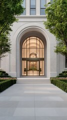 The entrance features a grand archway, flanked by lush greenery and vibrant pink flowers. Sunlight casts soft shadows on the welcoming pathway, creating an inviting atmosphere