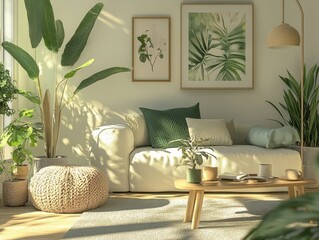 Bright and airy living room with botanical interior design scheme