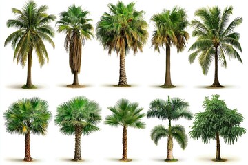 Obraz premium Collection of various palm tree species isolated on a white background, showcasing tropical nature, botanical diversity, and exotic plant beauty, Generative AI