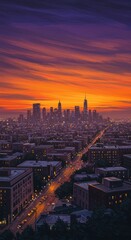 Vibrant urban skyline at sunset with illuminated cityscape and colorful sky