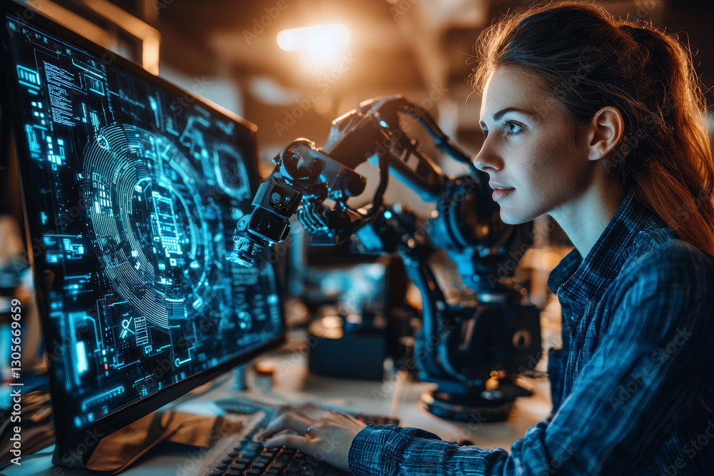 Aufkleber focused researcher working in high tech lab, analyzing data on computer screen with robotic equipmen