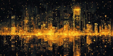 Obraz premium A Golden Illuminated City Skyline Reflected in Dark Water