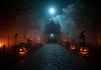 Spooky halloween night with jack-o'-lanterns and haunted house under full moon