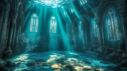 Sunbeams penetrate deep ocean depths creating ethereal underwater scene. Silence - Monastery. Illustration
