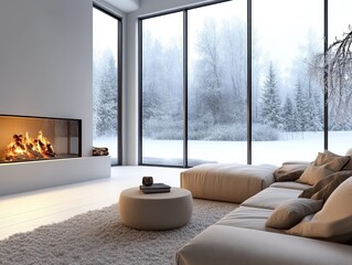 Cozy living room interior with fireplace and snowy outdoor view