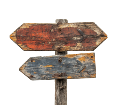 Wooden signpost directions outdoors. Isolated on transparent background, png.