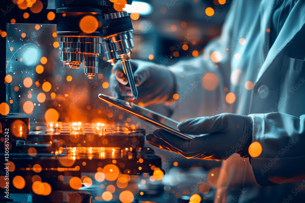 Poster researcher in lab uses tablet while examining samples under microscope, surrounded by glowing partic