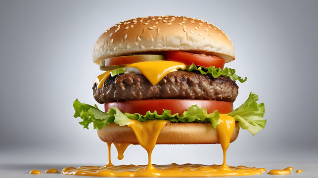 The image features a dynamic, mouthwatering cheeseburger with ingredients suspended in mid-air. Melting cheese splashes dramatically, complementing the juicy beef patty, fresh lettuce, tomatoes, jalap