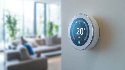 Minimalist smart thermostat in a stylish living room, displaying 20 degrees, highlighting home automation, energy efficiency, and intelligent climate control technology, Generative AI