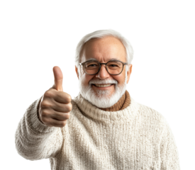 Happy elderly man thumbs up portrait. Isolated on transparent background, png.
