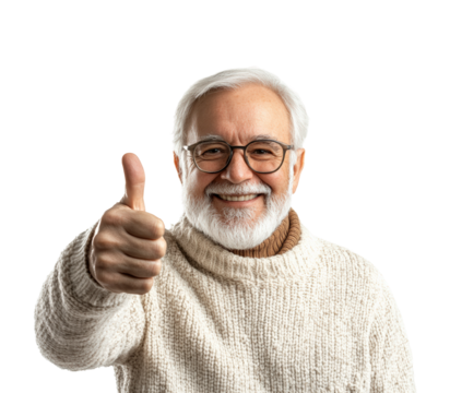 Happy elderly man thumbs up portrait. Isolated on transparent background, png.