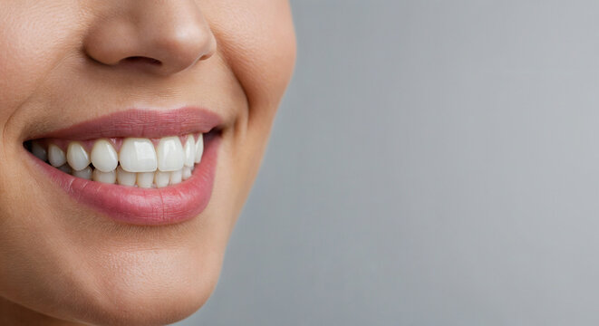 Un poster con una hermosa sonrisa femenina y dientes blancos, fotograf&iacute;as de primer plano en fondo gris, ideal para usar como banner publicitario  - A smile with white teeth banner.