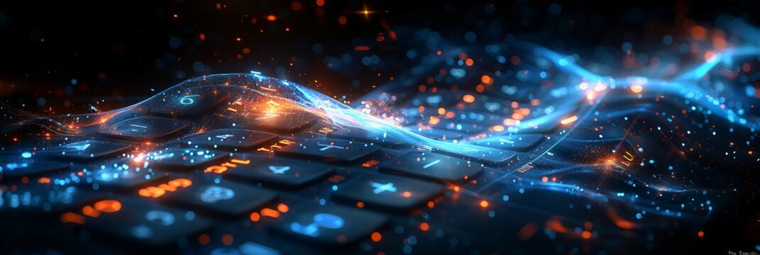 Gradient mesh design morphs a scientific calculator into digital numbers emphasizing flexibility and innovation in learning with space for captions
