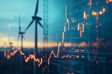 Wind turbines at sunset with financial data overlay, representing renewable energy investment, stock market growth, sustainability, and economic transformation in the energy sector, Generative AI