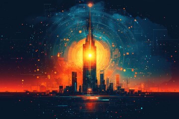 Obraz premium Futuristic urban skyline featuring a towering central skyscraper with digital elements and vibrant sunset reflections, evoking advanced technology and innovation