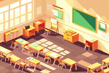 Translucent furniture interactive whiteboards in a futuristic isometric 3D classroom design create an innovative space with room for inspirational messaging