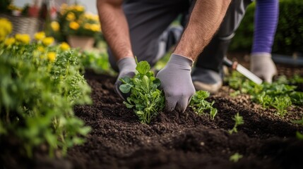 Fototapeta premium Closeup view of hands of gardener working in field planting flowers.