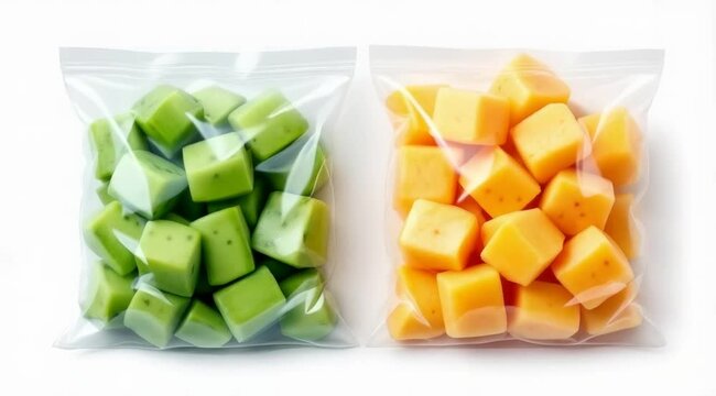 Cheese cubes in clear plastic bags on white background
