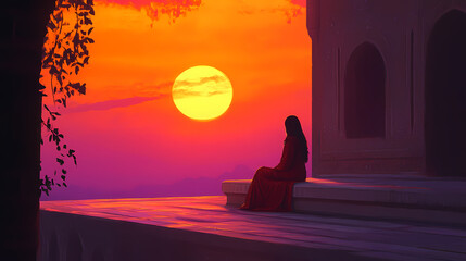 A girl contemplates the sunset in silence. Silence - Monastery. Illustration