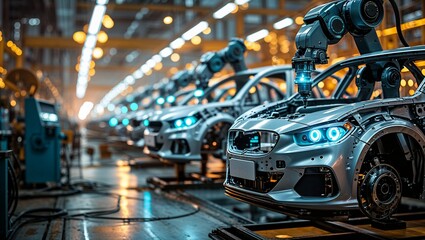Fototapeta premium Robots assembling cars in a modern automotive factory during a busy production shift