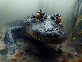 Fototapeta premium a photograph of an underwater creature with the head and body of a crocodi