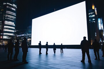 Silhouetted Figures Watching a Large Blank Screen in a City at Night