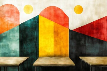 Contrasting colors angular shapes create a modern vector classroom design showcasing desks and chalkboards with open areas for informational or inspirational themes