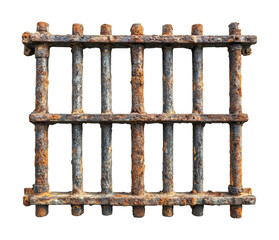 Rusty prison bars closeup studio photo. Isolated on transparent background, png.