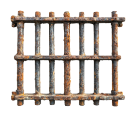 Rusty prison bars closeup studio photo. Isolated on transparent background, png.