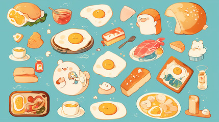 A whimsical illustration of various breakfast foods including eggs, toast, and pastries on a blue background