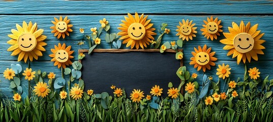 Happy doodles of sunshine books smiling faces fill a papercut blackboard celebrating joy in learning with space for communityoriented educational content