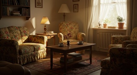Fototapeta premium Cozy vintage living room with floral furniture and warm lighting