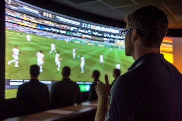 group of sports scientists and coaches analyzing soccer match on large screen, showcasing teamwork and strategy in sports science