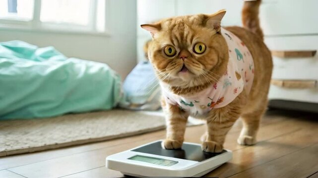 Overweight ginger exotic cat on digital scales, shocked by weight result. Chubby pet stares intently, reflecting weight problems and overeating. Funny and cute concept of a fat cat&rsquo;s health challenge