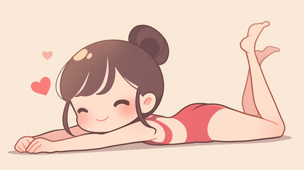 Cute animated girl in a red swimsuit lying on her stomach, smiling with hearts in the background