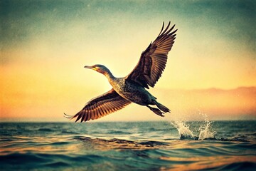 Vintage Photo of Cormorant Bird Diving for Fish, Ocean Wildlife
