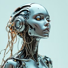 Close-up of a futuristic, metallic robot woman.