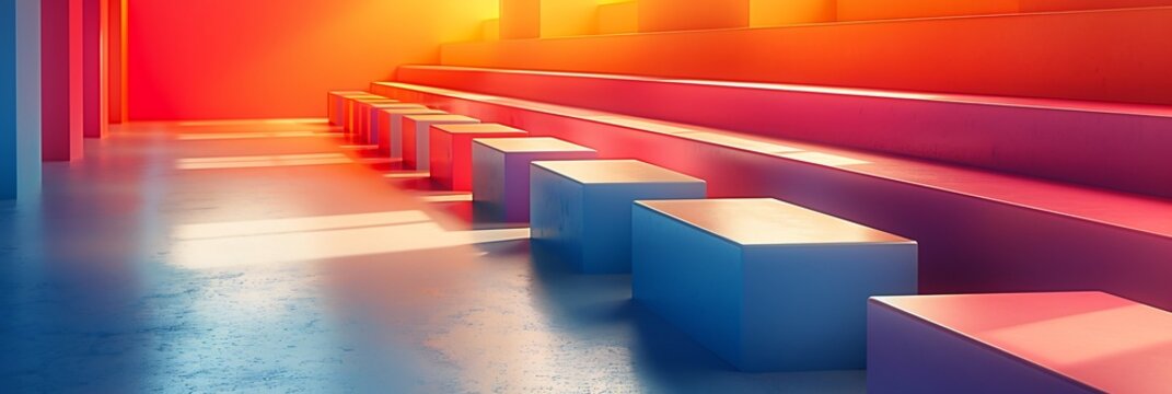 Abstract forms of tablets school desks merge seamlessly in a smooth gradient hybrid learning design representing online and offline integration with space for captions