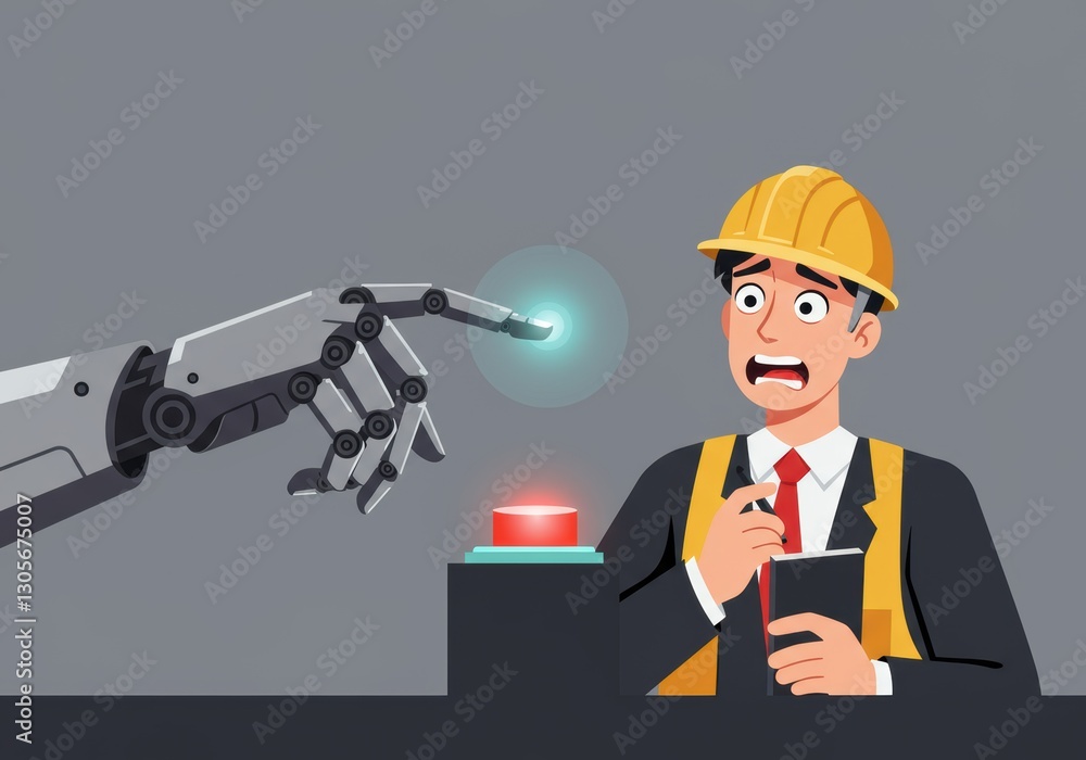 Poster robot hand pressing button as engineer observes with concern in futuristic workplace