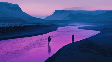 Two figures stand on opposite banks of a surreal, purple river at sunset, silhouetted against a misty mountain range.