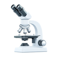  PNG cut out isolated background. A high-quality laboratory microscope with multiple objective lenses, precision adjustment knobs, and a sturdy base, isolated on a white background.