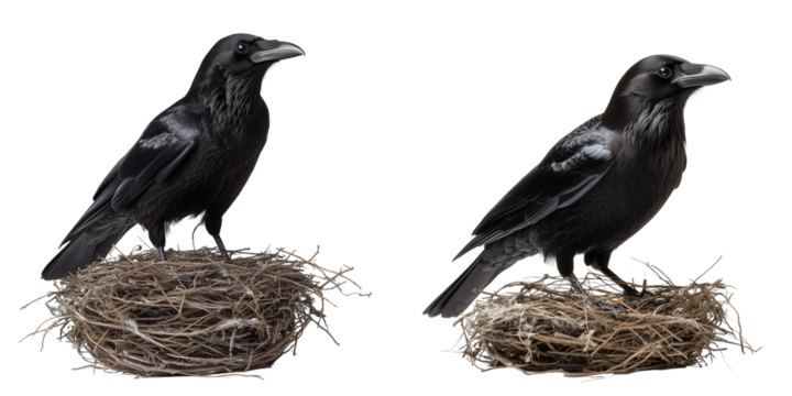 Majestic Black Ravens Perched on Nests Isolated on Transparent Background


