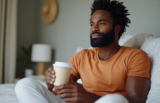 Handsome African American man enjoying coffee in the bedroom, sitting on the bed