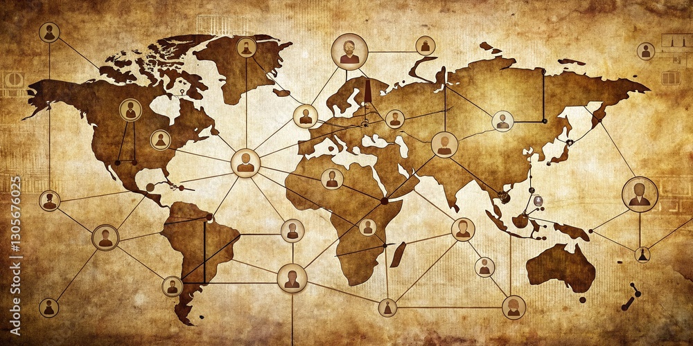 Poster vintage social network connection: retro infographic technology networking