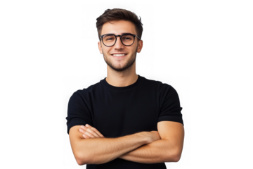 Smiling man with glasses stands confidently with arms crossed against a white background 

