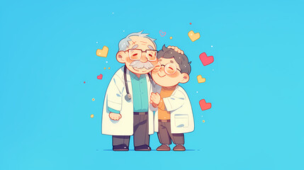 Heartwarming illustration of a doctor and a young patient sharing a joyful moment against a cheerful blue background