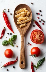 Wooden Spoon with Raw Pasta, Tomatoes, and Chili Peppers on White Background