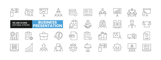 Set of 36 Business Presentation line icons set. Business Presentation outline icons with editable stroke collection. Includes Presentation, Schedule, PPT Presentation, Keynote, Agenda, and More.